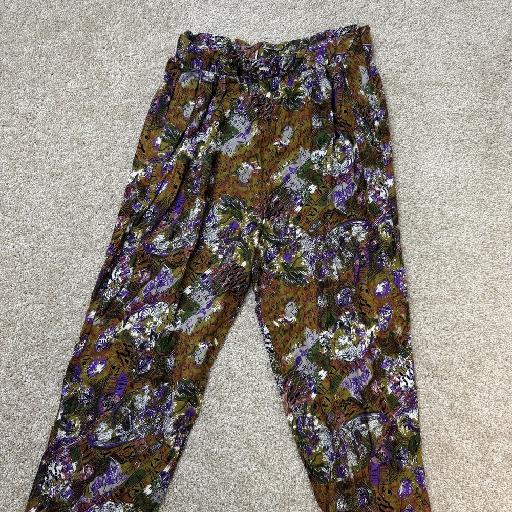 Vintage Forrest Pants Womens M Multicolor Rayon Harem Elastic Waist Floral USA